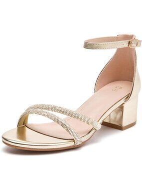 Women's Gold Open Toe Ankle Strap Design Low Block Chunky Heels Sandal Shoes